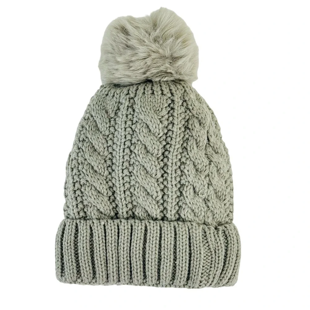 Cozycore Cable Knit Beanie Faux Fur Pom Pom Fleece Lined Winter Hat Unisex Gray‎